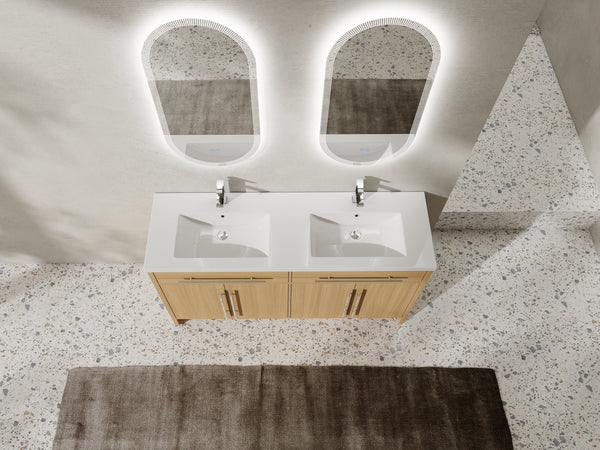 English Elm 60" Freestanding Bathroom Vanity with Dual Resin Sinks, Spacious Soft-Close Cabinet Storage, Durable Finish Oak W1972S00026