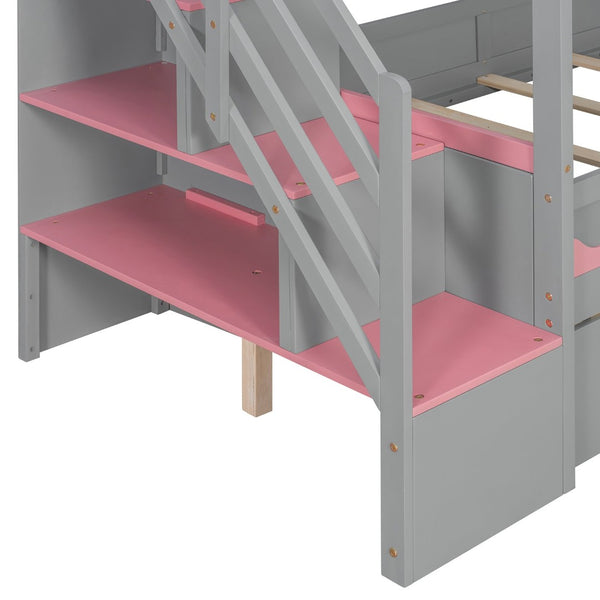 English Elm Twin Over Kids Bunk Bed with Castle Roofline Led Lights and Staircase Storage Gray N820S00068E