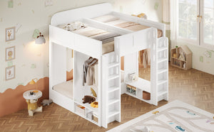 English Elm Triple Bunk Bed Wood Frame with Built in Shelves Hooks for Shared Kids Rooms White N7090004027K