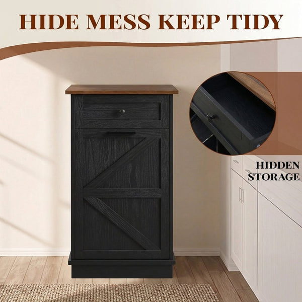 English Elm Tilt Out Trash Cabinet with Storage Drawer Conceals 10 Gallon Bin Pet Proof Brown+Black T5831P489253