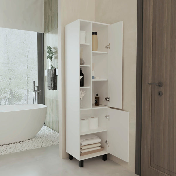 English Elm White Linen Cabinet with Chic Open Display, Dual Concealed Doors & Metal Legs for Modern Storage B062P323178