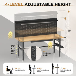 English Elm 60″ 60" Heavy Duty Garage Workbench Solid Wood Top Steel Frame with Led Light and Power Strip W3190P401362
