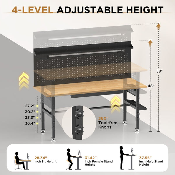 English Elm 60″ 60" Heavy Duty Garage Workbench Solid Wood Top Steel Frame with Led Light and Power Strip W3190P401362