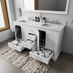 English Elm White Double Bath Vanity 60 in with Carrara Marble Top, 6 Drawers, Soft Close, 58 in Mirror Included B2731S00655