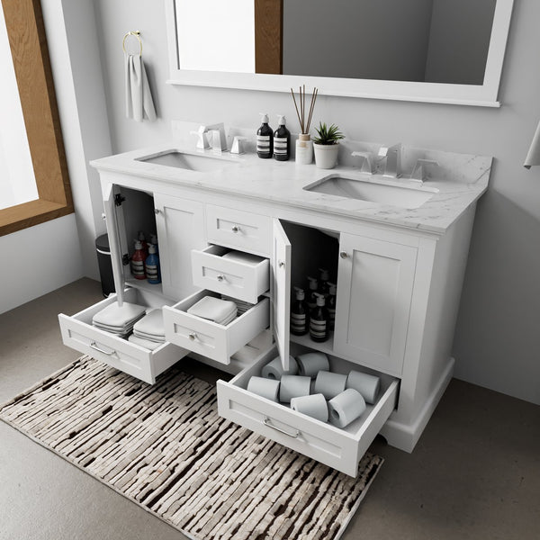 English Elm White Double Bath Vanity 60 in with Carrara Marble Top, 6 Drawers, Soft Close, 58 in Mirror Included B2731S00655