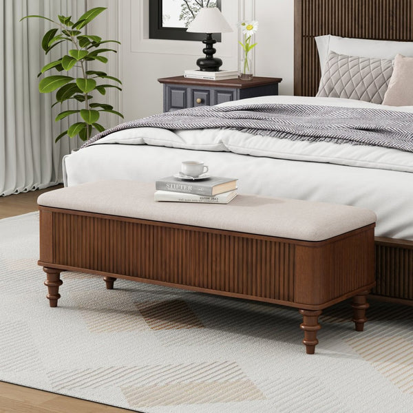 English Elm 50.8-inch Linen Upholstered Storage Bench Rubberwood Frame Lift Top Entryway Bedroom Seat Walnut W5819P481607