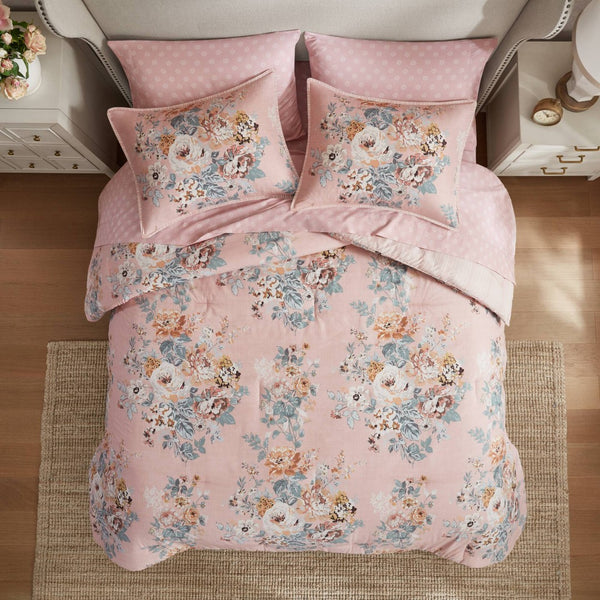 English Elm 7-piece Vintage Floral Comforter Set Reversible Blush Pink Polyester Bedroom Bedding B035P408235