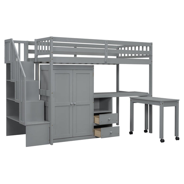 English Elm Queen Murphy Bed with Integrated Desk Cabinet Shelves Space Saving Studio Solution Gray N708S00013E