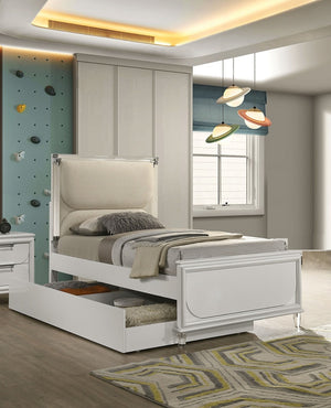 English Elm Contemporary Pearl White Twin Bed With Led Headboard, Embossed Panels & Chic Glam Design Elements B2741S00391