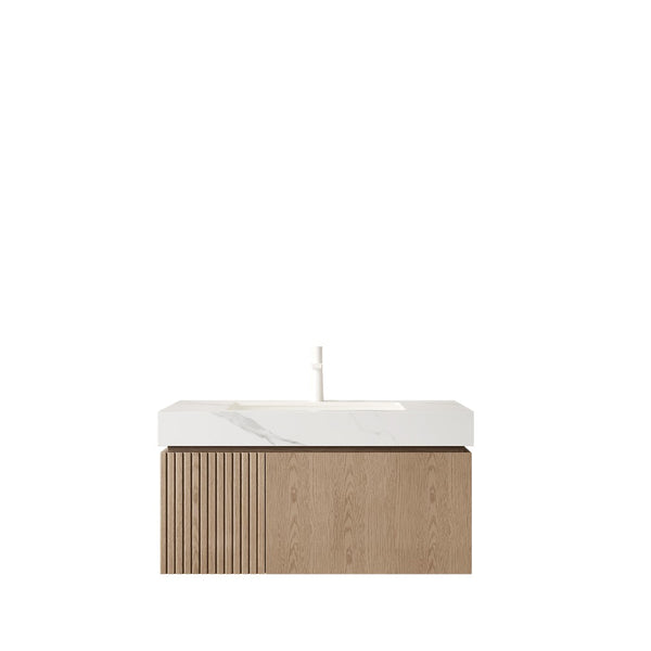 English Elm Muri Floating Bathroom Vanity Plywood Cabinet Oak Veneer Sintered Stone Top W2615S00626