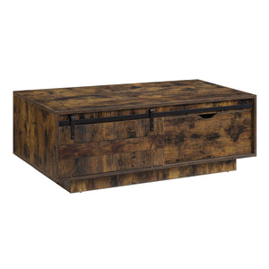 English Elm Bellarosa Rustic Oak Coffee Table with Sliding Barn Door, Drawer Storage, Durable MDF & Metal Build B2726P268333
