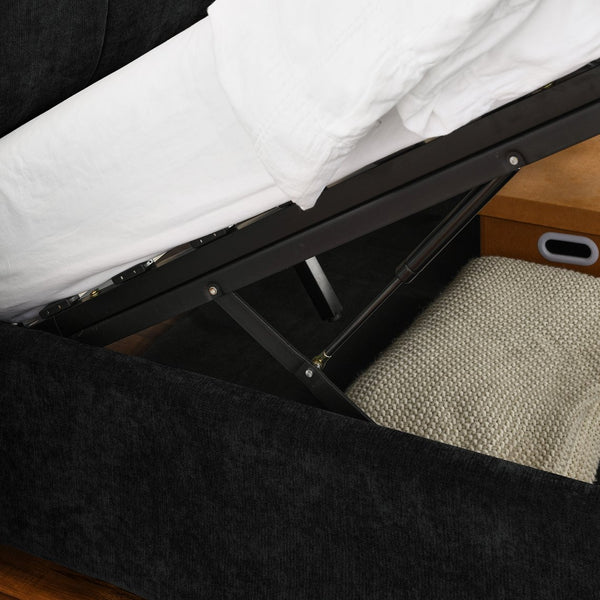 English Elm King Size Hydraulic Platform Bed With Integrated Headboard - Stylish Chenille Upholstery, Black W1413S00116