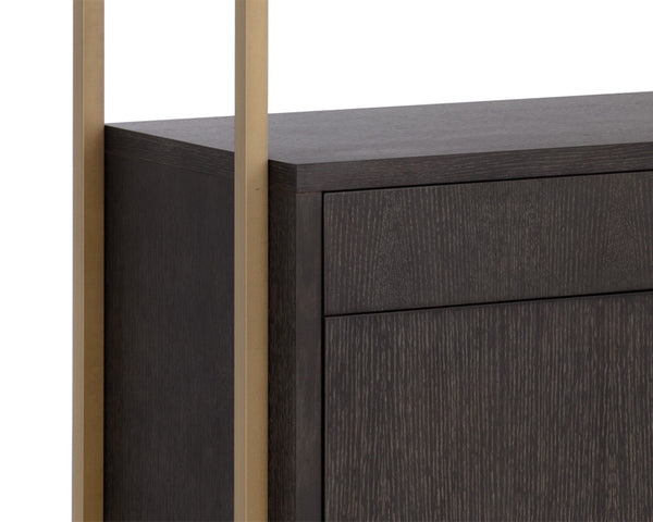 Sunpan Baldessara Bookcase - Rustic Bronze Steel Frame with Grey Oak Veneer Shelves, Anti-Tipping Kit Included