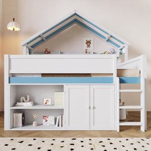English Elm Full Size Pine Loft Bed with House Canopy Roof Built in Shelves and Storage Cabinet N7090005012C
