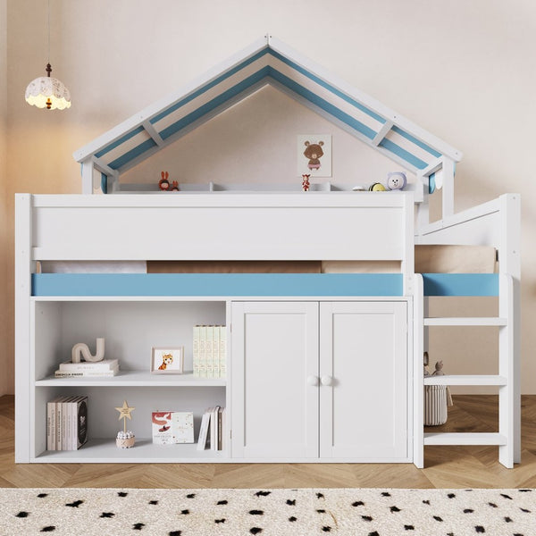 English Elm Full Size Pine Loft Bed with House Canopy Roof Built in Shelves and Storage Cabinet N7090005012C