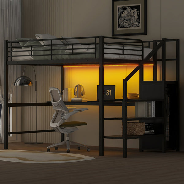 English Elm Full Size Metal Loft Bed With Desk, Storage Staircase, Wardrobe & Led Light - Space-Saving Design GX000620AAD