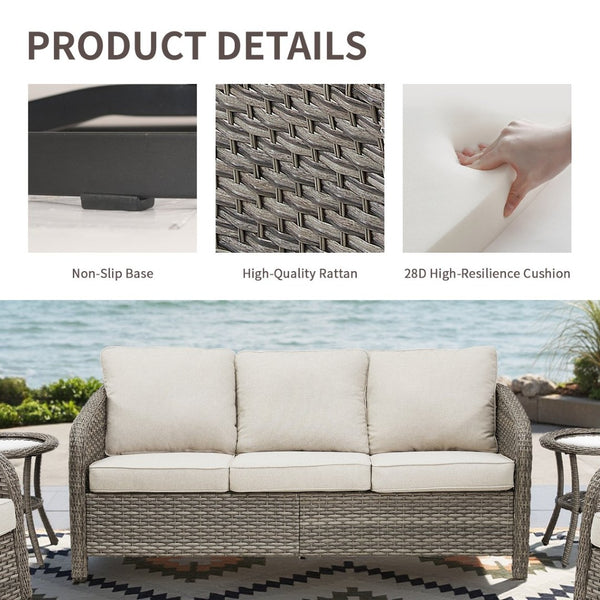 English Elm 73.6" Handwoven Pe Wicker Outdoor Sofa Three Seat Sculptural Arc Design with Cushions T3773P418581