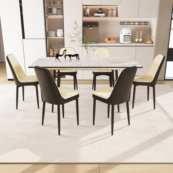 English Elm 47"-63" Extendable Dining Set Six Pu Leather Chairs Mdf Top Black Metal Legs Modern Beige+White W2189S00920