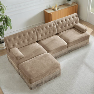 English Elm 3-seater Velvet Modular Sectional Sofa with Button Tufting Tassel Skirt Living Room Camel W714S01697