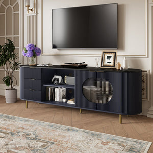 English Elm 65 Inch Fluted Media Console with Marble Look Top Gold Hardware Natural Finish Blue T5618P448227