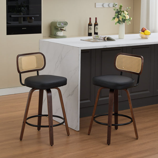 English Elm Set of 2 Rattan Counter Stools with Cane Back and PU Upholstery, 360° Swivel, Walnut Craftsmanship Black W1143P300157