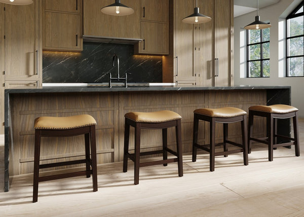 English Elm 26in. Counter Height Hardwood Barstool Nailhead Faux Leather Seat Kitchen Dining Tan B2751P436414