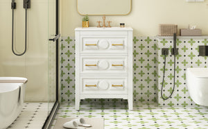English Elm 24'' Bathroom Vanity with Ceramic Sink and 3 Drawers Retro Solid Wood Frame Freestanding Storage White N710P371184K
