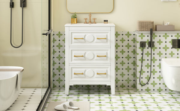English Elm 24'' Bathroom Vanity with Ceramic Sink and 3 Drawers Retro Solid Wood Frame Freestanding Storage White N710P371184K