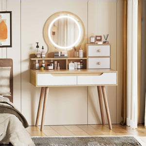 English Elm Makeup Vanity Desk with LED 3-Mode Lighted Mirror, Solid Wood Feet, 4 Drawers & Shelves, Oak Finish W509P238991