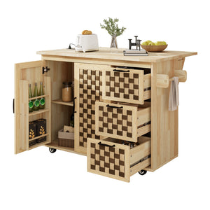 English Elm K&K Vintage Woven Checkerboard Kitchen Island 53.2" with Drop Leaf, Power Outlet, 5 Wheels, Storage N707P215328Y