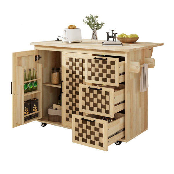 English Elm K&K Vintage Woven Checkerboard Kitchen Island 53.2" with Drop Leaf, Power Outlet, 5 Wheels, Storage N707P215328Y
