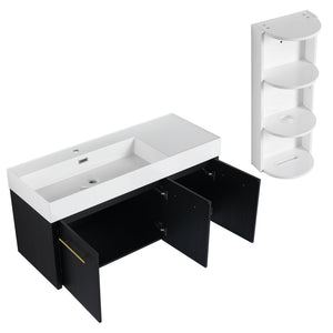 English Elm 48 Inch Wall-Mounted Bathroom Vanity Set With Left Basin Sink, Storage Rack & Soft-Close Hinges W999S00371