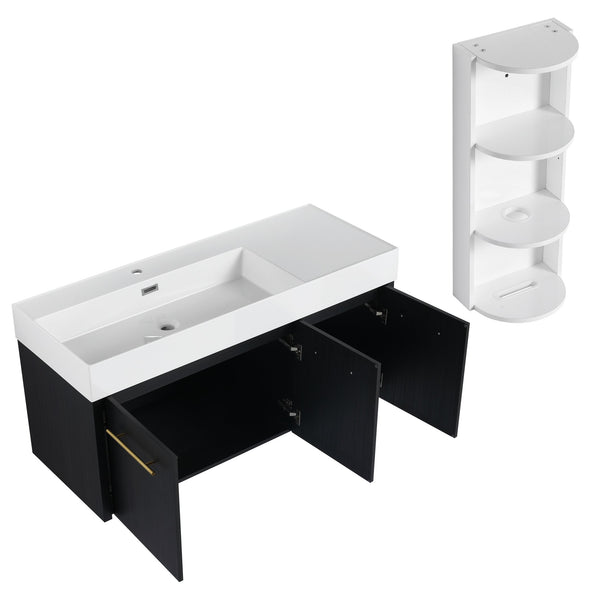 English Elm 48 Inch Wall-Mounted Bathroom Vanity Set With Left Basin Sink, Storage Rack & Soft-Close Hinges W999S00371