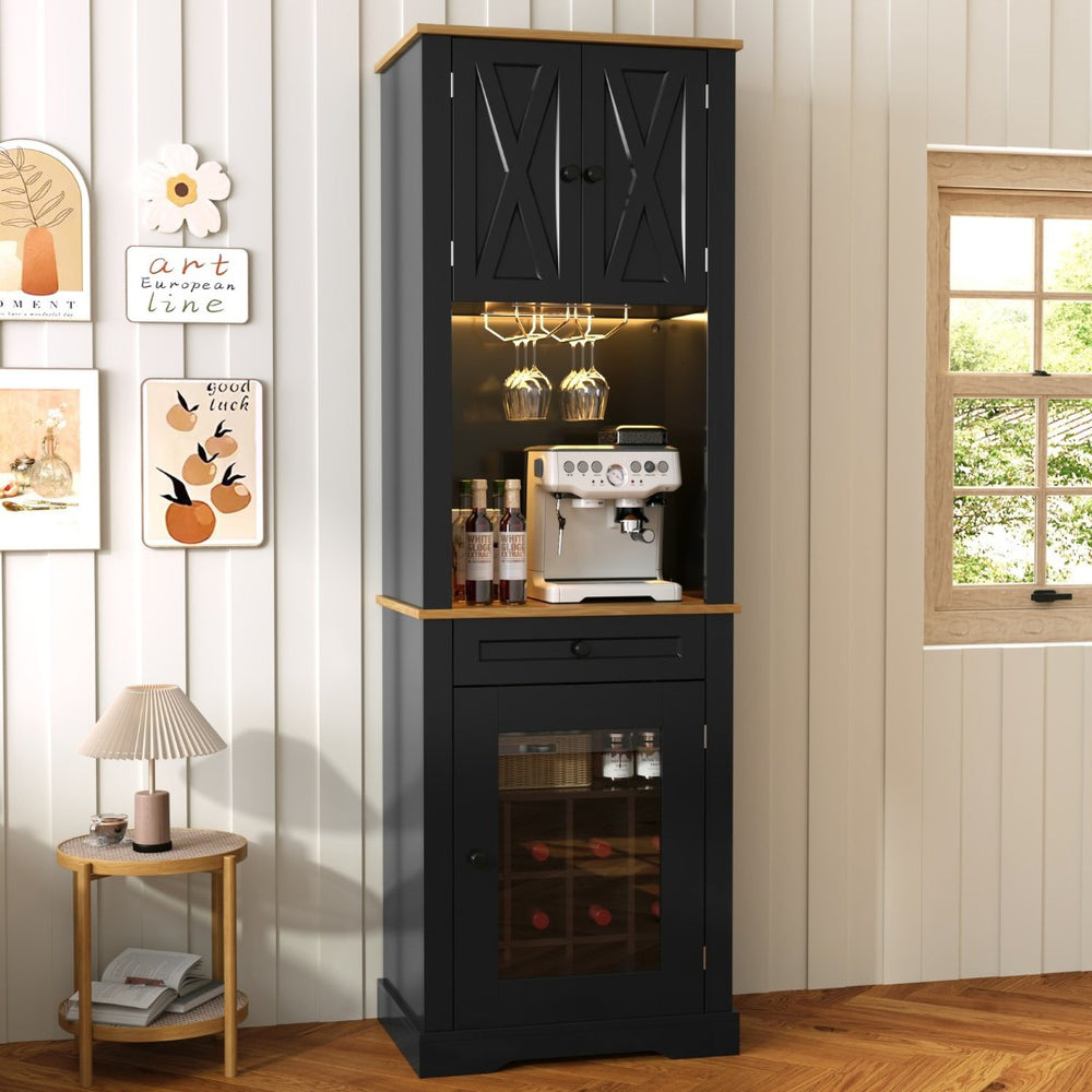 English Elm Bar Cabinet Farmhouse 69 Inch with Rgb Led Barn Door Wine Rack and Charging Station Black N728P438603B