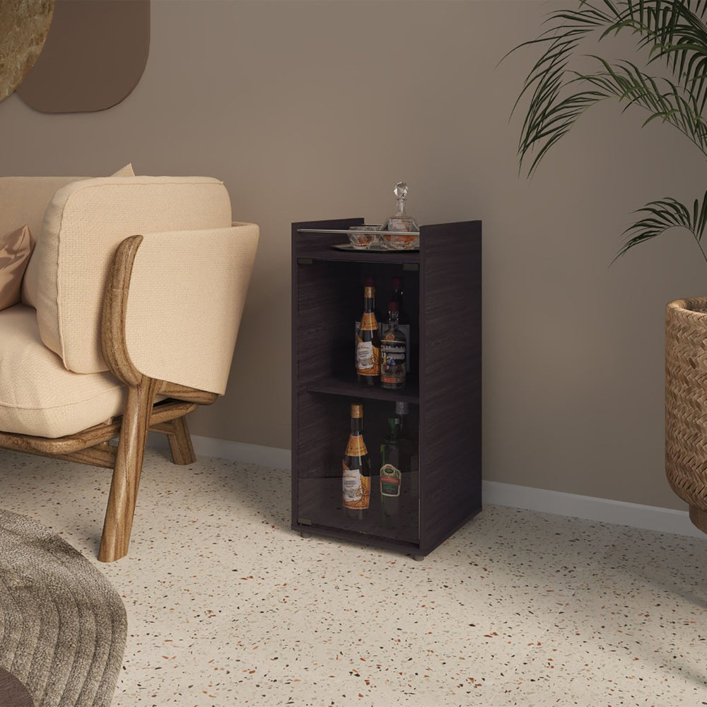 English Elm Glass Door Bar Cabinet with Interior Shelves Wenge Melamine Finish Modern Storage B128P458631
