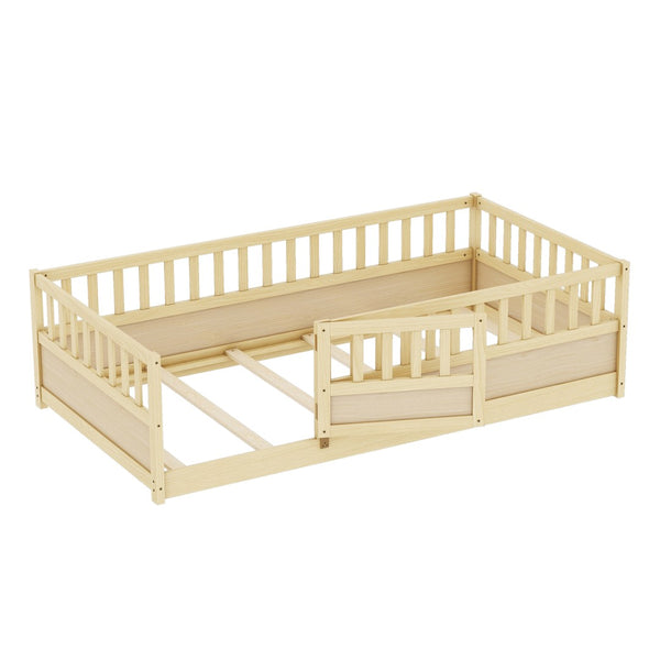 English Elm Twin Size Floor Bed With High Security Barrier & Child-Safe Door - Montessori Natural Wood Frame W1858P197426-GIGA