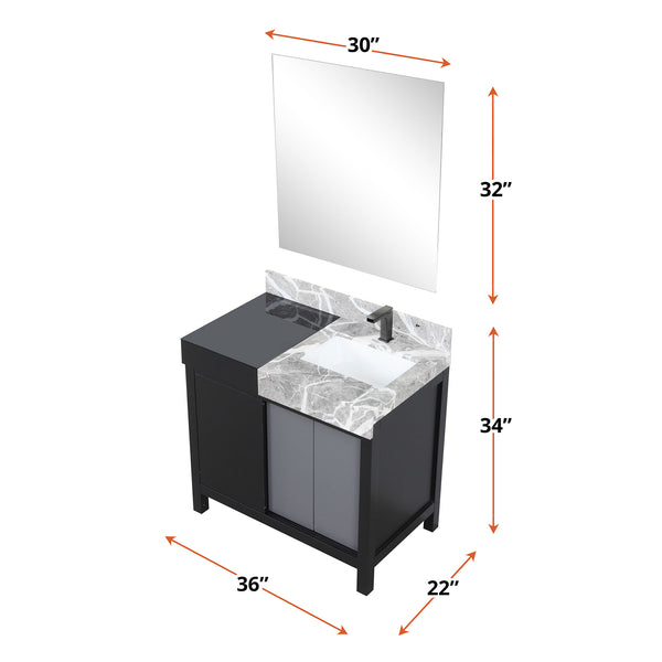 English Elm Black Contemporary Bath Vanity Set With Castle Grey Marble Top, Gun Metal Faucet & 30” Mirror B2731S01348