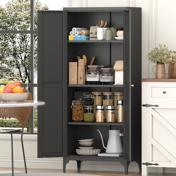 English Elm [metal Adjustable] Tall Steel Pantry Cabinet with Gold Handles and Four Shelves for Any Room Black T3625P366650