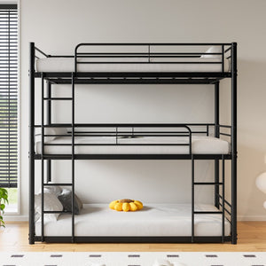 English Elm Triple Twin Metal Bunk Bed with Dual Ladders and Guardrails for Shared Rooms W840S00004