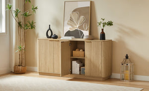 English Elm 63" Wave Front Sideboard with Four Door Storage for Living Room Hallway Bedroom Oak W1820P431360