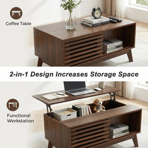 English Elm Lift Top Coffee Table Walnut Finish Mid Century Hidden Storage Slatted Cabinet W3204P465920