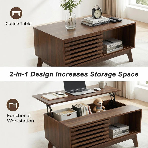 English Elm Lift Top Coffee Table Walnut Finish Mid Century Hidden Storage Slatted Cabinet W3204P465920