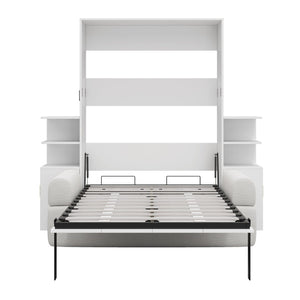 English Elm Full Size Murphy Bed System with Integrated Sofa and Storage Towers for Guest Rooms White LP000380AAK