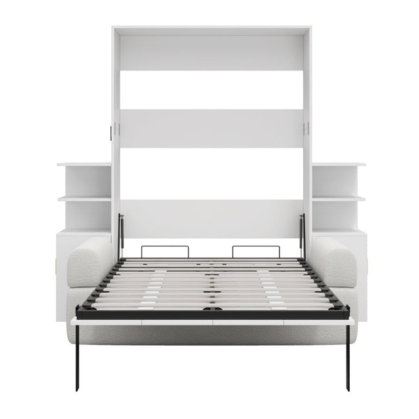 English Elm Full Size Murphy Bed System with Integrated Sofa and Storage Towers for Guest Rooms White LP000380AAK