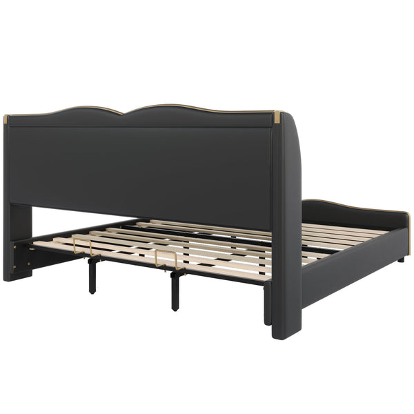 English Elm Christopher Knight Home® - King PU Leather Bed Frame with Wingback Headboard & Footboard, Gold Accents, Platform Slat Support, Elegant Design Black 85 L x 10 W x 3.25 H N761S0000017B