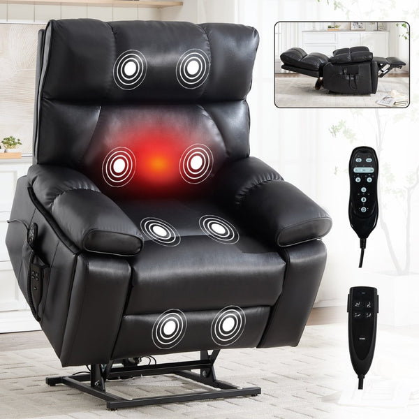 English Elm Black Leatheraire Power Lift Recliner with Massage Heat and 350 Lb Dual Motor W1803P340318