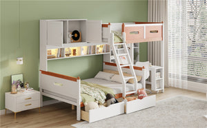 English Elm Twin Over Full Wooden Bunk Bed With Desk, Storage Drawers, Shelves & Led Lights - Stylish & Functional N820S00064K-GIGA