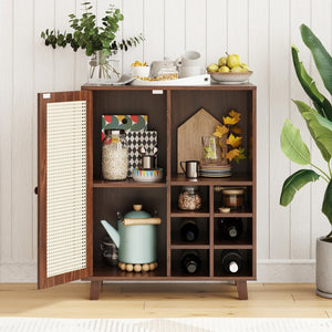 English Elm Rattan Cane Front Sideboard with Drawers Adjustable Shelf Bohemian Storage Cabinet Walnut T3623P434765