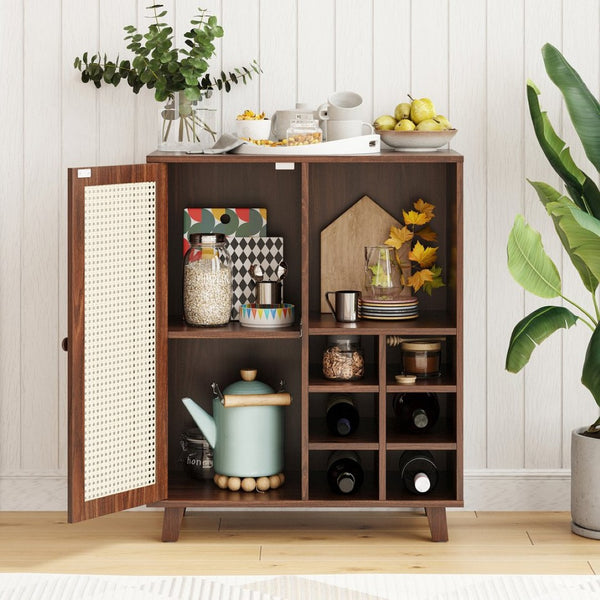 English Elm Rattan Cane Front Sideboard with Drawers Adjustable Shelf Bohemian Storage Cabinet Walnut T3623P434765