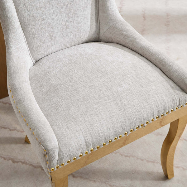English Elm Chenille Plush Dining Chair with Curved Gold-Plated Legs, Rivet Trim, Textured Upholstery Comfort Beige W1143P332684